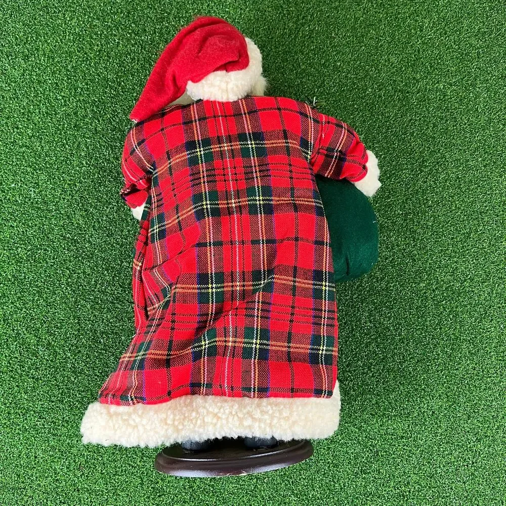 VTG Holiday Workshop Tartan Plaid Santa Porcelain Face & Hands Wooden Stand 18